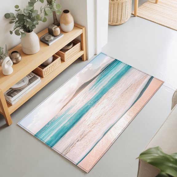 Entryway Rug 2'x3', Ocean Kitchen Runner Rugs Non-Slip Carpet Mats, Blue Coastal Sunrise Beach Blue Sky Sand Scenery Bedside Rugs Runners Washable Floor Carpet for Bathroom Laundry Room