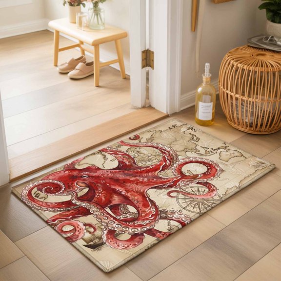 Entryway Rug 2'x3', Ocean Red Octopus Kitchen Runner Rugs Non-Slip Carpet Mats, Coastal Anchor Sea Boat Retro World Map Bedside Rugs Runners Washable Floor Carpet for Bathroom Laundry Room