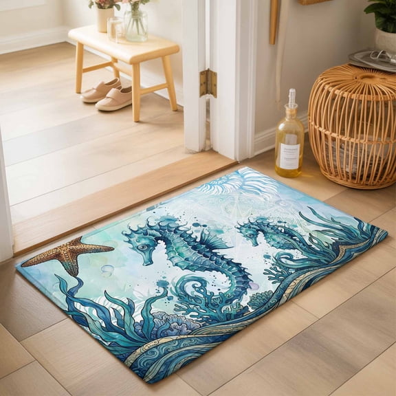 Entryway Rug 2'x3', Ocean Seahorses Kitchen Runner Rugs Non-Slip Carpet Mats, Coastal Animals Seaweed Strafish Compass Blue Bedside Rugs Runners Washable Floor Carpet for Bathroom Laundry Room