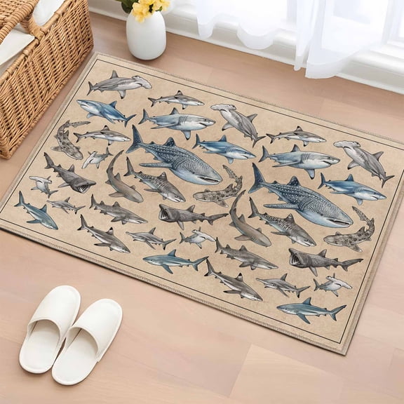 Entryway Rug 2'x3', Ocean Sharks Small Rug for Kitchen Bathroom Door Mat Indoor Entrance, Vintage Coastal Underwater Animals Brown Non-Slip Area Rugs Floor Mats Carpet Front Door Rugs