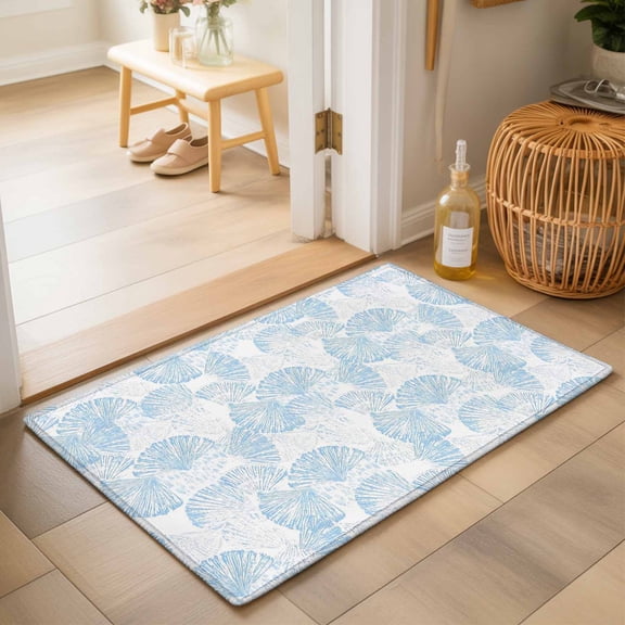 Entryway Rug 2'x3', Ocean Shell Kitchen Runner Rugs Non-Slip Carpet Mats, Summer Coastal Seashells Texture Light Blue Bedside Rugs Runners Washable Floor Carpet for Bathroom Laundry Room