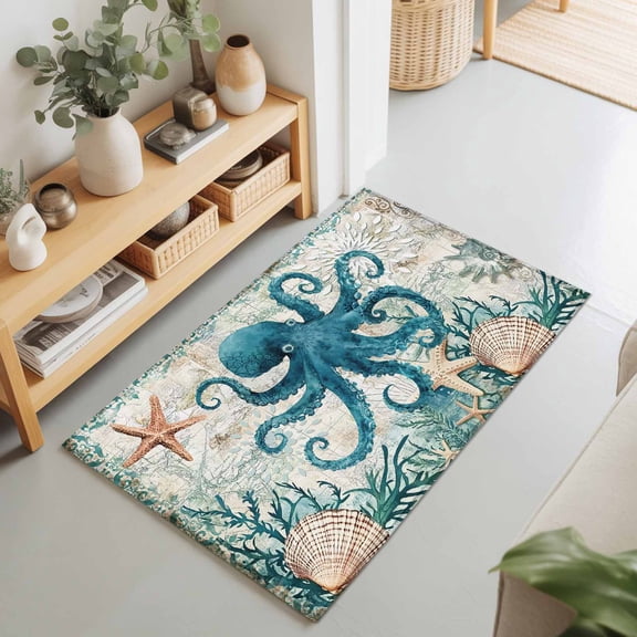Entryway Rug 2'x3', Octopus Kitchen Runner Rugs Non-Slip Carpet Mats, Coastal Starfish Ocean Shell Retro Coral Bedside Rugs Runners Washable Floor Carpet for Bathroom Laundry Room