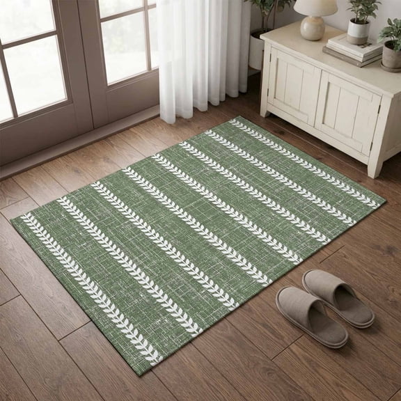 Entryway Rug 2'x3', Olive Green Kitchen Runner Rugs Non-Slip Carpet Mats, Vintage Traditional Vertical Stripes Texture Bedside Rugs Runners Washable Floor Carpet for Bathroom Laundry Room