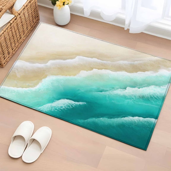 Entryway Rug 2'x3', Ombre Turquoise Ocean Small Rug for Kitchen Bathroom Door Mat Indoor Entrance, Gradient Coastal Beach Waves Summer Non-Slip Area Rugs Floor Mats Carpet Front Door Rugs