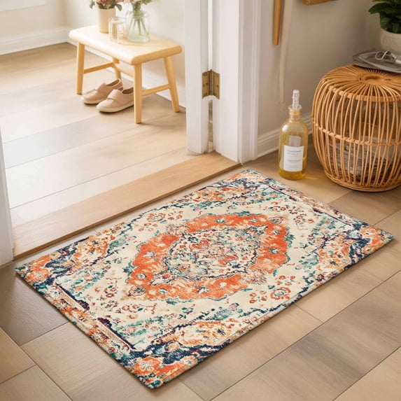 Entryway Rug 2'x3', Orange Beige Boho Kitchen Runner Rugs Non-Slip Carpet Mats, Vintage Ethnic Abstract Art Floral Bedside Rugs Runners Washable Floor Carpet for Bathroom Laundry Room