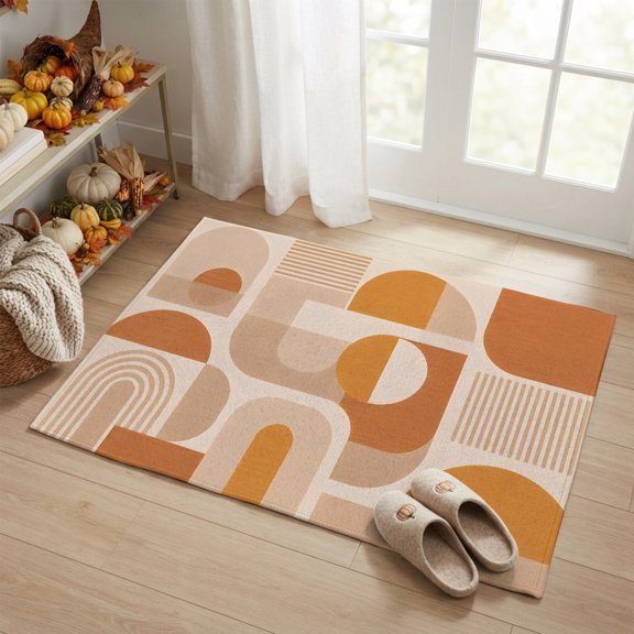 Entryway Rug 2'x3', Orange Beige Geometric Small Rug for Kitchen Bathroom Door Mat Indoor Entrance, Middle Century Abstract Boho Lines Non-Slip Area Rugs Floor Mats Carpet Front Door Rugs