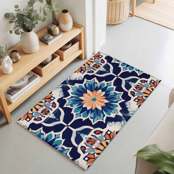 Entryway Rug 2'x3', Orange Blue Kitchen Runner Rugs Non-Slip Carpet Mats, Morocco Boho Abstract Floral Ethnic Tribal Bedside Rugs Runners Washable Floor Carpet for Bathroom Laundry Room