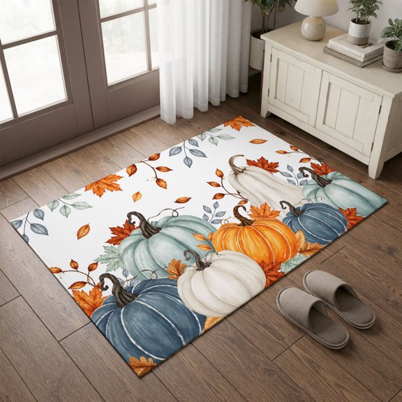 Entryway Rug 2'x3', Orange Blue Pumpkins Fall Kitchen Runner Rugs Non-Slip Carpet Mats, Maple Leaf Botanical Thanksgiving Bedside Rugs Runners Washable Floor Carpet for Bathroom Laundry Room