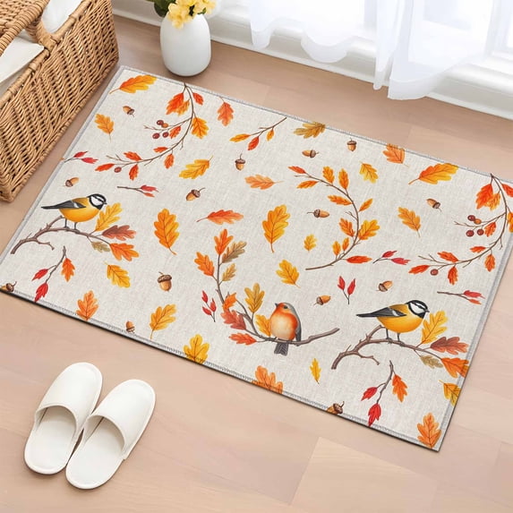 Entryway Rug 2'x3', Orange Leaves Fall Small Rug for Kitchen Bathroom Door Mat Indoor Entrance, Branches Birds Pine Cones Rustic Non-Slip Area Rugs Floor Mats Carpet Front Door Rugs