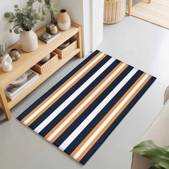 Entryway Rug 2'x3', Orange Navy Blue Striped Kitchen Runner Rugs Non-Slip Carpet Mats, Minimalist Farmhouse Lines Bedside Rugs Runners Washable Floor Carpet for Bathroom Laundry Room