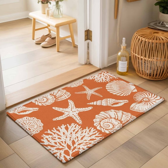 Entryway Rug 2'x3', Orange Starfish Coastal Kitchen Runner Rugs Non-Slip Carpet Mats, Shell Coral Summer Beach Nautical Ocean Bedside Rugs Runners Washable Floor Carpet for Bathroom Laundry Room