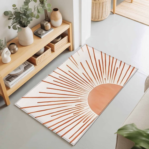 Entryway Rug 2'x3', Orange Sunshine Kitchen Runner Rugs Non-Slip Carpet Mats, Lines Retro Abstract Middle Century Bedside Rugs Runners Washable Floor Carpet for Bathroom Laundry Room