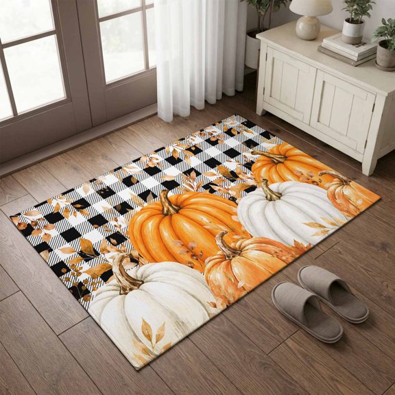 Entryway Rug 2'x3', Orange White Pumpkin Fall Kitchen Runner Rugs Non-Slip Carpet Mats, Thanksgiving Eucalyptus Plaid Bedside Rugs Runners Washable Floor Carpet for Bathroom Laundry Room