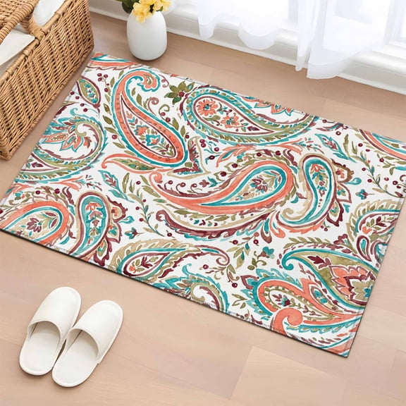 Entryway Rug 2'x3', Paisley Flower Small Rug for Kitchen Bathroom Door Mat Indoor Entrance, Spring Watercolor Floral Leaf Plant Orange Non-Slip Area Rugs Floor Mats Carpet Front Door Rugs