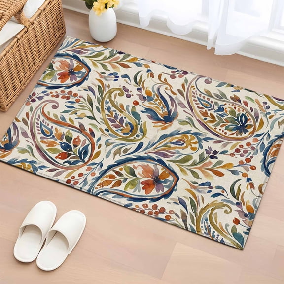 Entryway Rug 2'x3', Paisley Flower Small Rug for Kitchen Bathroom Door Mat Indoor Entrance, Spring Watercolor Vintage Floral Leaf Plant Non-Slip Area Rugs Floor Mats Carpet Front Door Rugs