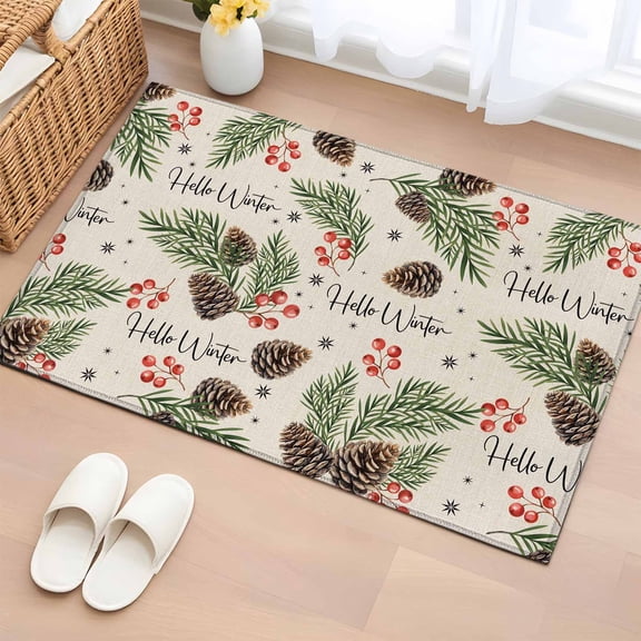 Entryway Rug 2'x3', Pine Cones Small Rug for Kitchen Bathroom Door Mat Indoor Entrance, Winter Berry Snowflakes Botanical Beige Non-Slip Area Rugs Floor Mats Carpet Front Door Rugs