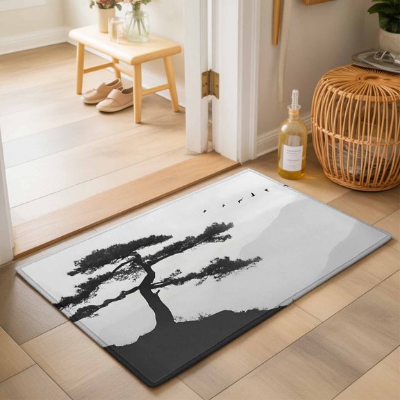 Entryway Rug 2'x3', Pine Trees Kitchen Runner Rugs Non-Slip Carpet Mats, Modern Nature Foreset Mountains Birds Bedside Rugs Runners Washable Floor Carpet for Bathroom Laundry Room
