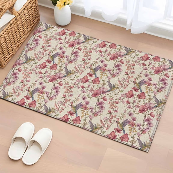 Entryway Rug 2'x3', Pink Beige Flowers Small Rug for Kitchen Bathroom Door Mat Indoor Entrance, Spring Floral Elegant Pastoral Rustic Non-Slip Area Rugs Floor Mats Carpet Front Door Rugs