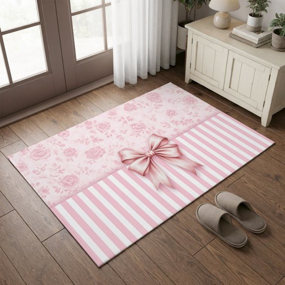 Entryway Rug 2'x3', Pink Bow Kitchen Runner Rugs Non-Slip Carpet Mats, Farmhouse Roses Floral Stripes Rustic Modern Bedside Rugs Runners Washable Floor Carpet for Bathroom Laundry Room