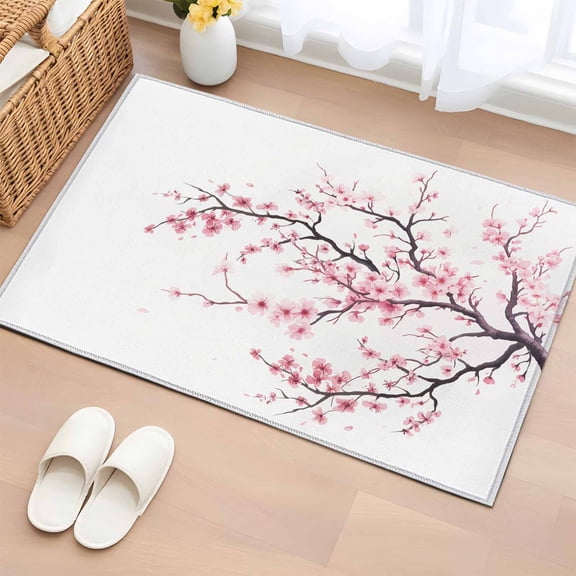 Entryway Rug 2'x3', Pink Cherry Blossom Small Rug for Kitchen Bathroom Door Mat Indoor Entrance, Spring Branches Floral Watercolor Non-Slip Area Rugs Floor Mats Carpet Front Door Rugs