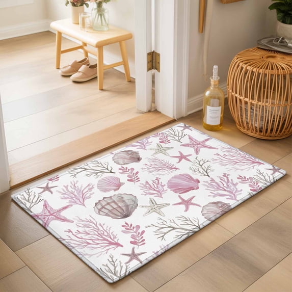 Entryway Rug 2'x3', Pink Coastal Kitchen Runner Rugs Non-Slip Carpet Mats, Beach Nautical Starfish Coral Seashells Bedside Rugs Runners Washable Floor Carpet for Bathroom Laundry Room