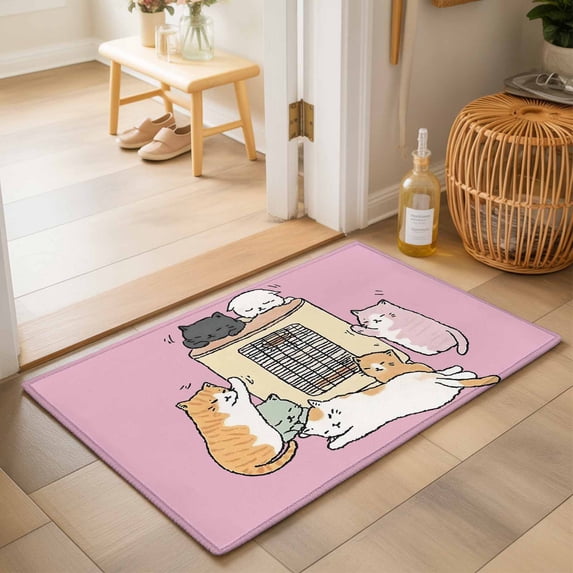Entryway Rug 2'x3', Pink Cute Cat Kitchen Runner Rugs Non-Slip Carpet Mats, Cartoon Funny Heater Cats Bedside Rugs Runners Washable Floor Carpet for Bathroom Laundry Room