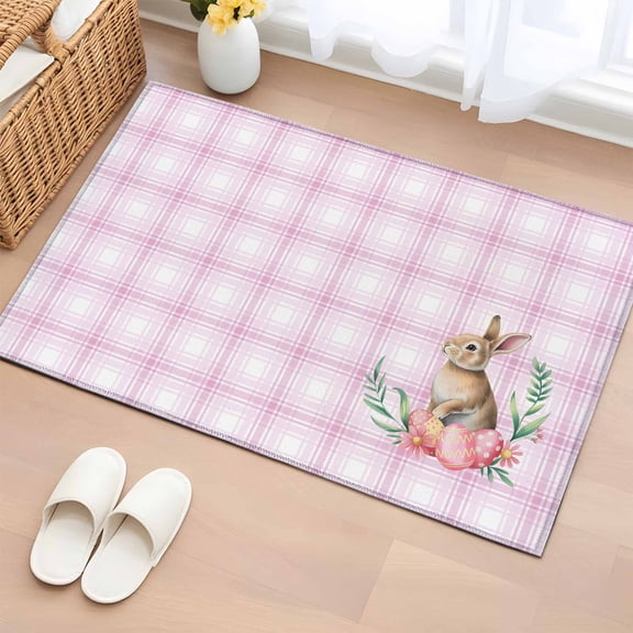 Entryway Rug 2'x3', Pink Easter Small Rug for Kitchen Bathroom Door Mat Indoor Entrance, Bunny Eggs Spring Floral Stripes Farmhouse Non-Slip Area Rugs Floor Mats Carpet Front Door Rugs