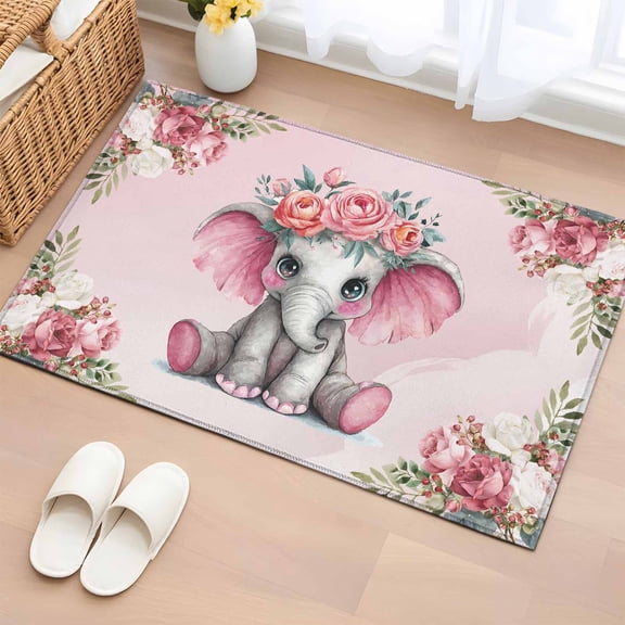 Entryway Rug 2'x3', Pink Elephant Small Rug for Kitchen Bathroom Door Mat Indoor Entrance, Cute Wildlife Animals Watercolor Flowers Non-Slip Area Rugs Floor Mats Carpet Front Door Rugs