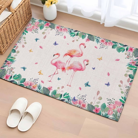 Entryway Rug 2'x3', Pink Flamingo Small Rug for Kitchen Bathroom Door Mat Indoor Entrance, Tropical Botanical Summer Flower Rustic Non-Slip Area Rugs Floor Mats Carpet Front Door Rugs