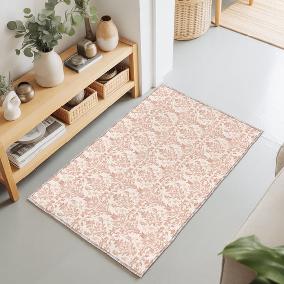 Entryway Rug 2'x3', Pink Flowers Kitchen Runner Rugs Non-Slip Carpet Mats, Baroque Scroll Floral Damask Pattern Art Bedside Rugs Runners Washable Floor Carpet for Bathroom Laundry Room