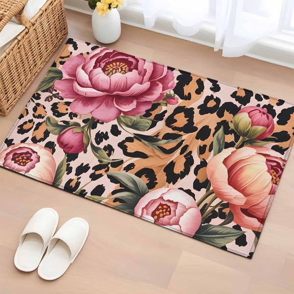 Entryway Rug 2'x3', Pink Flowers Small Rug for Kitchen Bathroom Door Mat Indoor Entrance, Leopard Spot Vintage Floral Country Plants Non-Slip Area Rugs Floor Mats Carpet Front Door Rugs