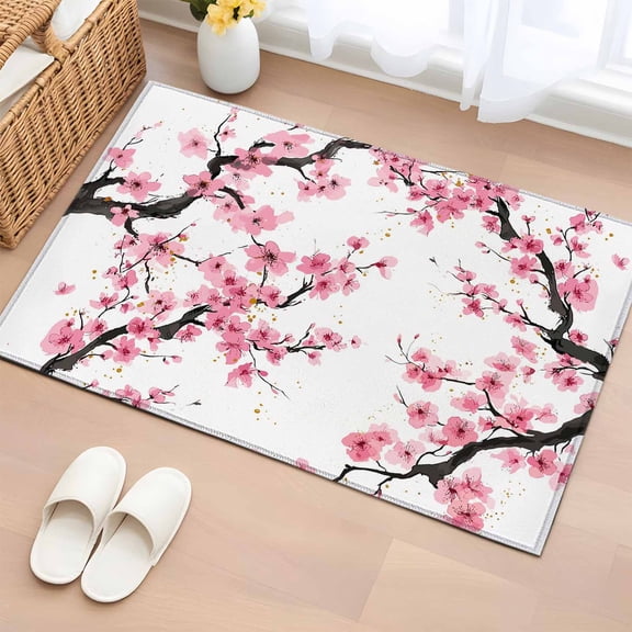 Entryway Rug 2'x3', Pink Flowers Small Rug for Kitchen Bathroom Door Mat Indoor Entrance, Pink Blossoms Botanical Floral Branches Non-Slip Area Rugs Floor Mats Carpet Front Door Rugs