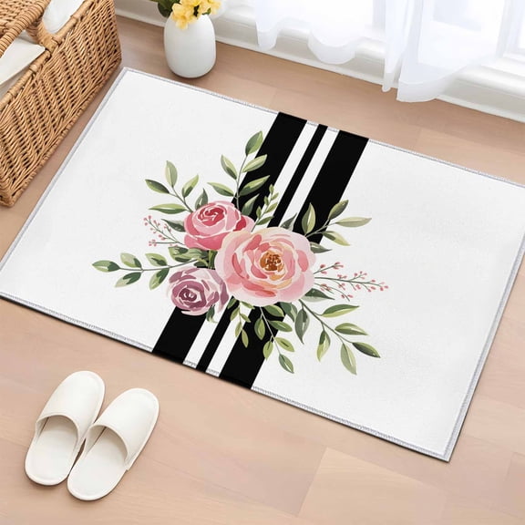 Entryway Rug 2'x3', Pink Flowers Small Rug for Kitchen Bathroom Door Mat Indoor Entrance, Romantic Floral Leaves Black Striped Non-Slip Area Rugs Floor Mats Carpet Front Door Rugs