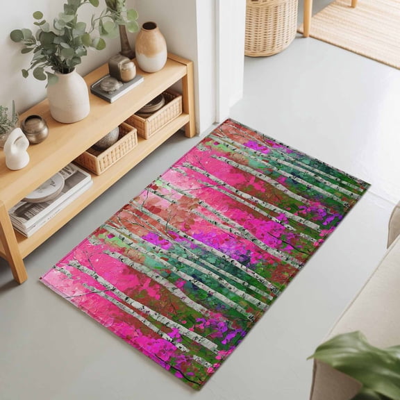 Entryway Rug 2'x3', Pink Green Oil Painting Kitchen Runner Rugs Non-Slip Carpet Mats, Modern Abstract Summer Botanical Bedside Rugs Runners Washable Floor Carpet for Bathroom Laundry Room