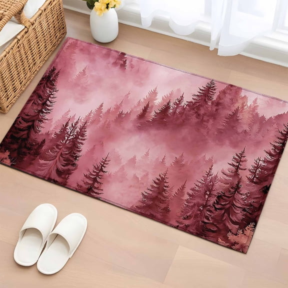 Entryway Rug 2'x3', Pink Mountain Small Rug for Kitchen Bathroom Door Mat Indoor Entrance, Misty Forest Nature Woodland Pine Tree Landscape Non-Slip Area Rugs Floor Mats Carpet Front Door Rugs