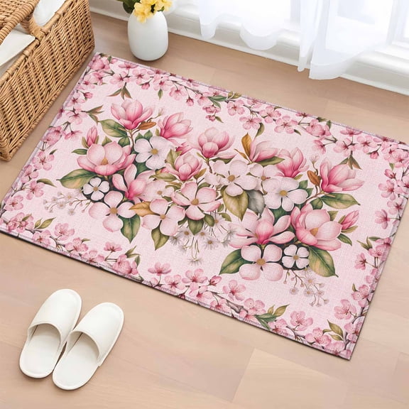 Entryway Rug 2'x3', Pink Orchid Small Rug for Kitchen Bathroom Door Mat Indoor Entrance, Spring Floral Flowers Leaves Botanical Non-Slip Area Rugs Floor Mats Carpet Front Door Rugs