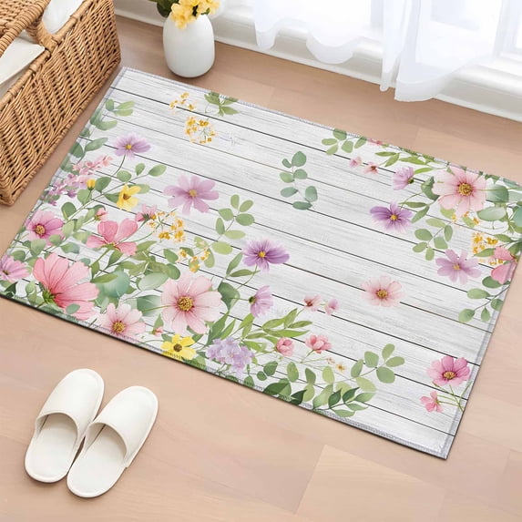 Entryway Rug 2'x3', Pink Purple Flower Small Rug for Kitchen Bathroom Door Mat Indoor Entrance, Spring Farmhouse Floral Leaf Wood Grain Non-Slip Area Rugs Floor Mats Carpet Front Door Rugs