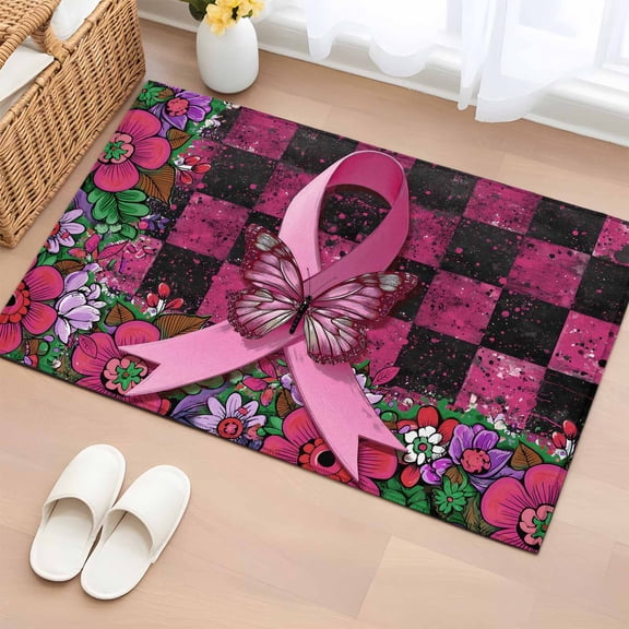 Entryway Rug 2'x3', Pink Ribbons Small Rug for Kitchen Bathroom Door Mat Indoor Entrance, Butterfly Graffiti Flowers Vintage Buffalo Plaid Non-Slip Area Rugs Floor Mats Carpet Front Door Rugs