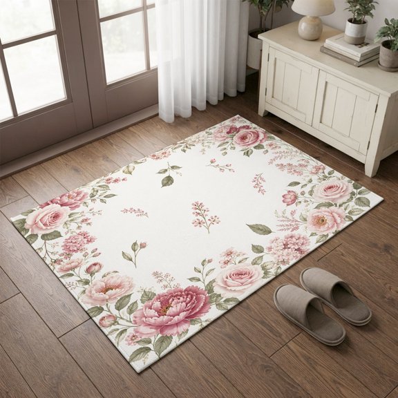 Entryway Rug 2'x3', Pink Rose Kitchen Runner Rugs Non-Slip Carpet Mats, Farmhouse Romantic Botanical Blossom Floral Bedside Rugs Runners Washable Floor Carpet for Bathroom Laundry Room