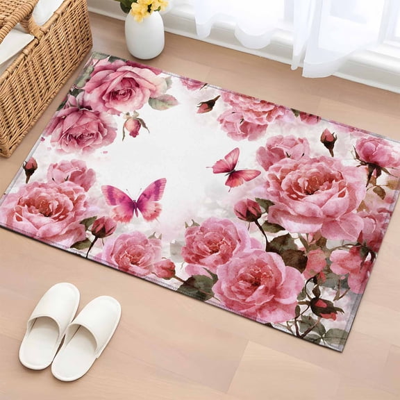 Entryway Rug 2'x3', Pink Roses Small Rug for Kitchen Bathroom Door Mat Indoor Entrance, Spring Floral Elegant Pastoral Butterfly Non-Slip Area Rugs Floor Mats Carpet Front Door Rugs