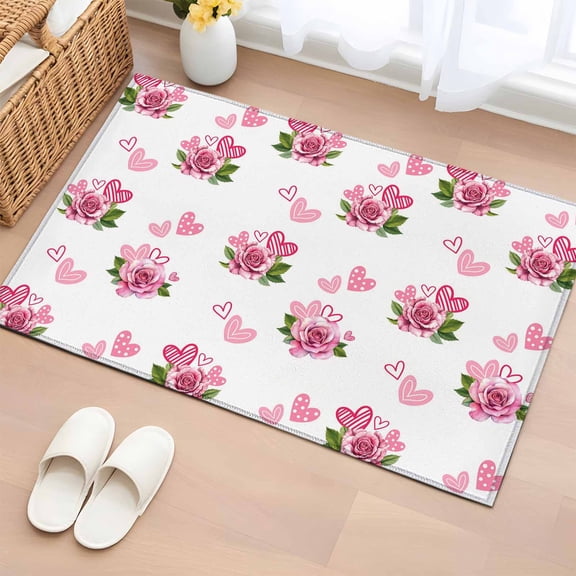 Entryway Rug 2'x3', Pink Roses Small Rug for Kitchen Bathroom Door Mat Indoor Entrance, Valentine's Day Flowers Love White Romantic Non-Slip Area Rugs Floor Mats Carpet Front Door Rugs