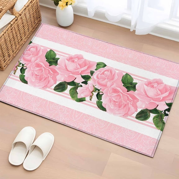 Entryway Rug 2'x3', Pink Roses Small Rug for Kitchen Bathroom Door Mat Indoor Entrance, Valentine's Day Romantic Flowers Green Leaf Stripes Non-Slip Area Rugs Floor Mats Carpet Front Door Rugs