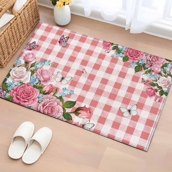 Entryway Rug 2'x3', Pink Spring Floral Small Rug for Kitchen Bathroom Door Mat Indoor Entrance, Watercolor Flowers Butterfly Checkered Non-Slip Area Rugs Floor Mats Carpet Front Door Rugs