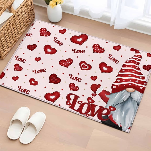 Entryway Rug 2'x3', Pink Valentines Gnomes Small Rug for Kitchen Bathroom Door Mat Indoor Entrance, Love Heart Red Non-Slip Area Rugs Floor Mats Carpet Front Door Rugs