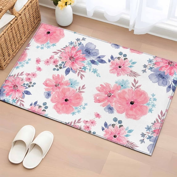 Entryway Rug 2'x3', Pink Watercolor Floral Small Rug for Kitchen Bathroom Door Mat Indoor Entrance, Spring Flower Abstract Art Non-Slip Area Rugs Floor Mats Carpet Front Door Rugs
