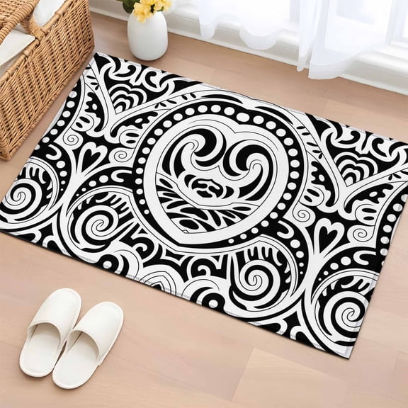 Entryway Rug 2'x3', Polynesia Texture Small Rug for Kitchen Bathroom Door Mat Indoor Entrance, Retro Floral Tribe Abstract Art Black Non-Slip Area Rugs Floor Mats Carpet Front Door Rugs