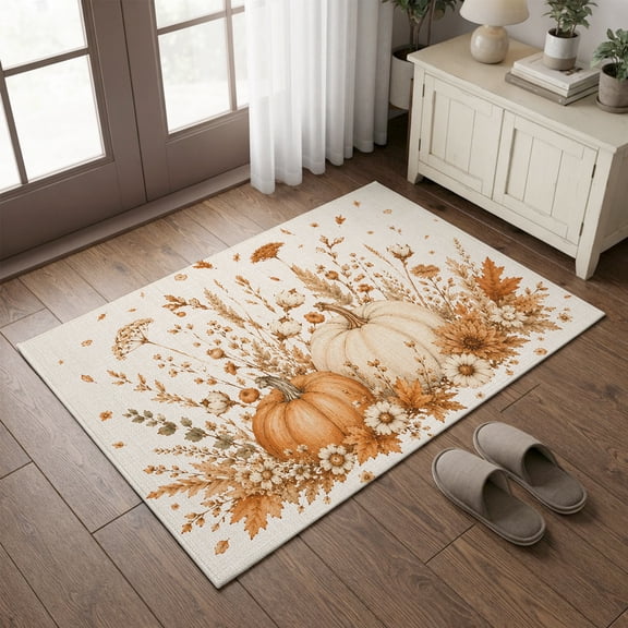 Entryway Rug 2'x3', Pumpkins Fall Kitchen Runner Rugs Non-Slip Carpet Mats, Vintage Floral Thanksgiving Rustic Bedside Rugs Runners Washable Floor Carpet for Bathroom Laundry Room