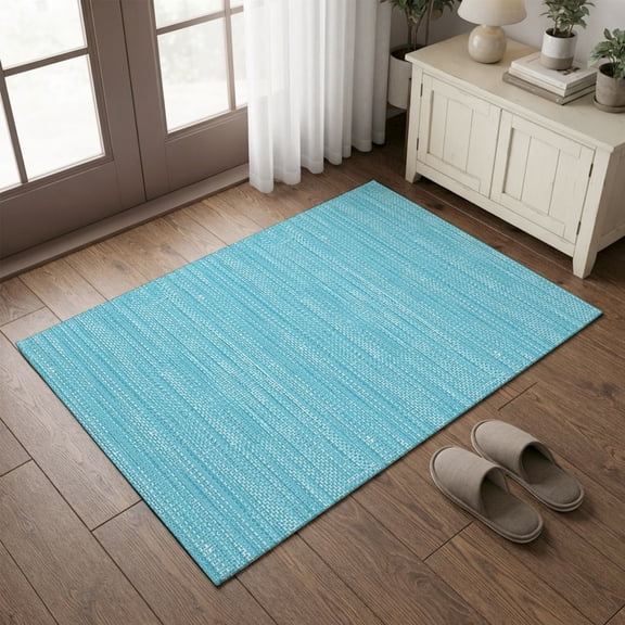 Entryway Rug 2'x3', Pure Color Small Rug for Kitchen Bathroom Door Mat Indoor Entrance, Contemporary Simple Linen Texture Turquoise Non-Slip Area Rugs Floor Mats Carpet Front Door Rugs