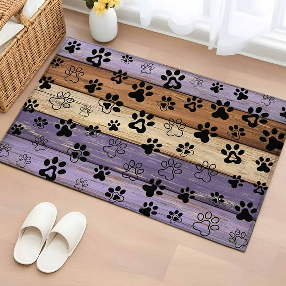 Entryway Rug 2'x3', Purple Brown Small Rug for Kitchen Bathroom Door Mat Indoor Entrance, Rustic Farmhouse Dog Paw Vintage Non-Slip Area Rugs Floor Mats Carpet Front Door Rugs