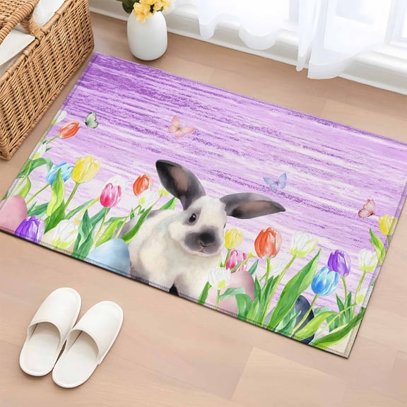 Entryway Rug 2'x3', Purple Easter Small Rug for Kitchen Bathroom Door Mat Indoor Entrance, Spring Botanical Floral Rabbit Butterfly Non-Slip Area Rugs Floor Mats Carpet Front Door Rugs